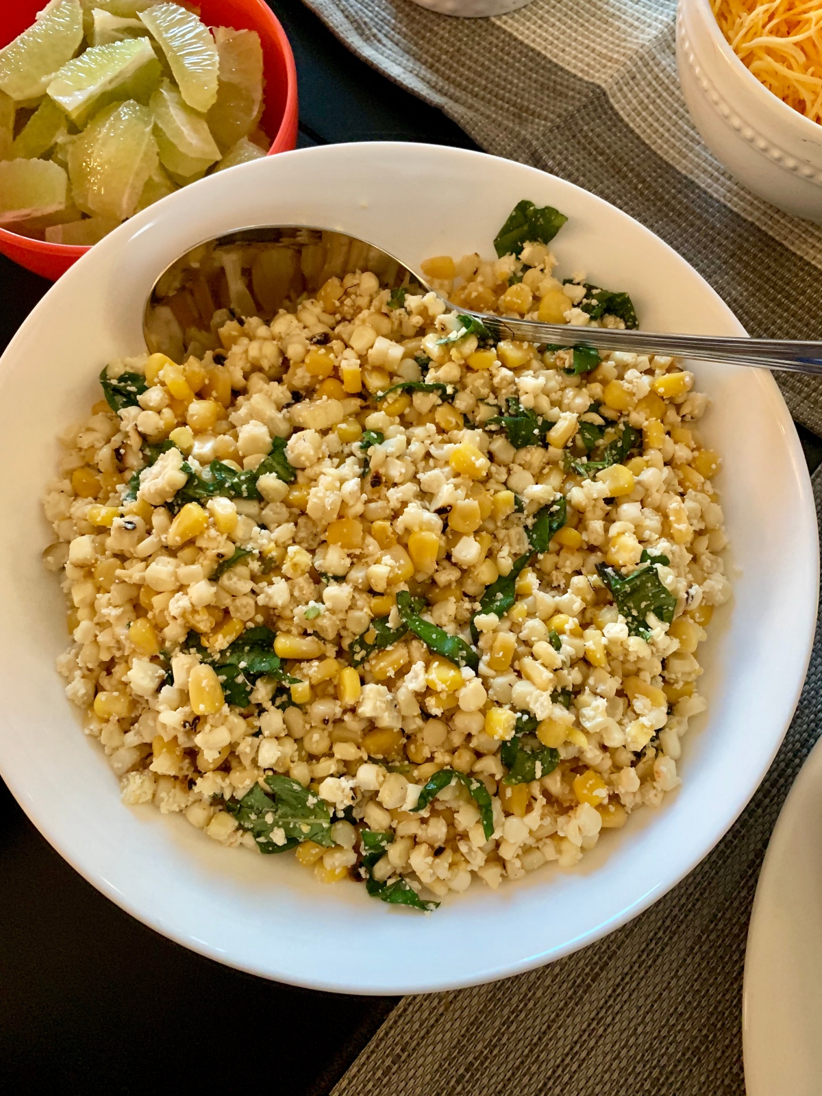 Taco Salad Bar and Grilled Street Corn Salad with Basil and Cotija Cheese